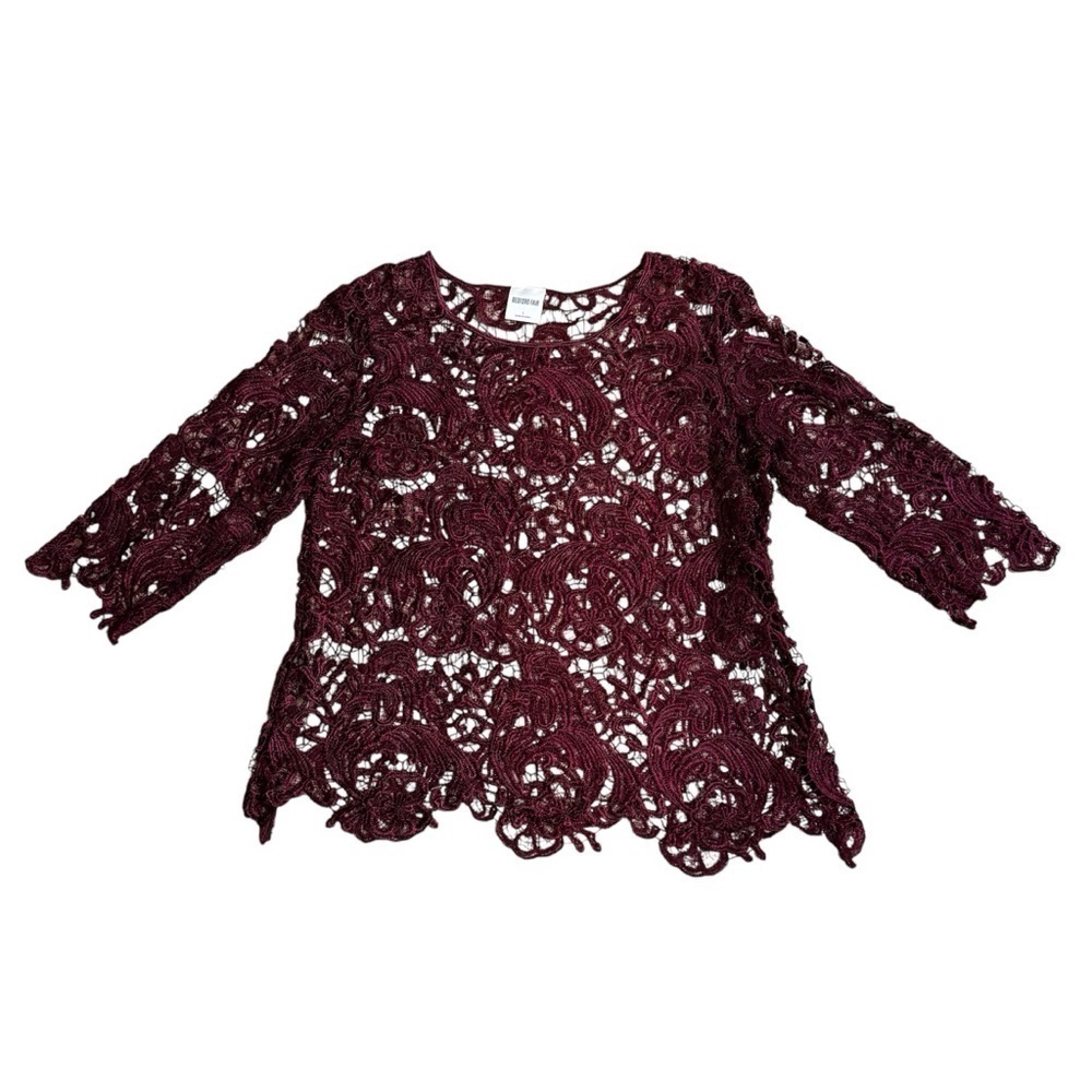 Bedford Fair maroon see through 3/4 sleeve knit like cover blouse scoop neck, L.